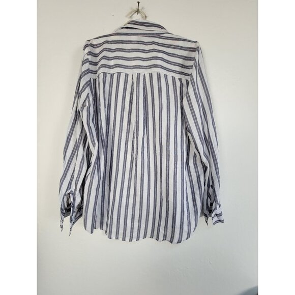 H&M Womens Striped Long-Sleeve V-Neck Popover Blouse US 12 White 100% Cotton New - Picture 2 of 7